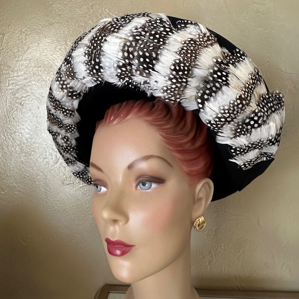 Ornate 1960s' Black Felt Upturned Wide Brim Hat + Black.White Spotted Feathers